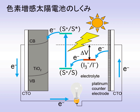 n型半導体（TiO2）を用いる色素増感太陽電池の動作原理概略説明図